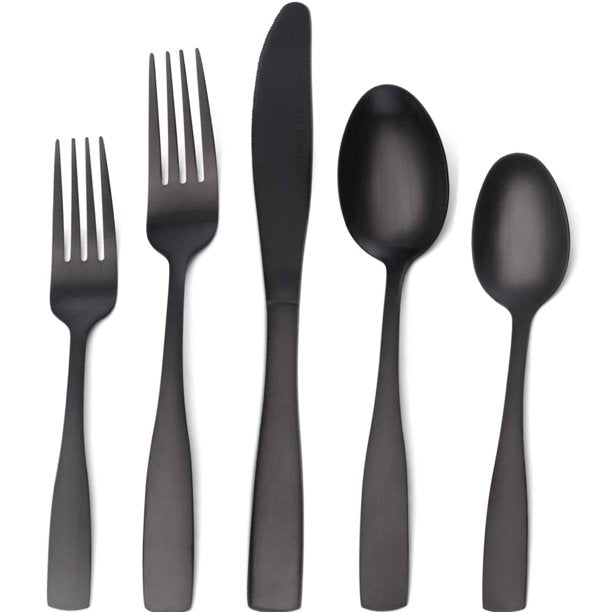 HKEEY Silverware Set,[5 Pcs]Black Flatware Sets,Stainless Steel Eating Utensils Cutlery Includes Knives/Spoons/Forks,Tableware for Home Restaurant Party,Shiny Mirror Polished,Dishwasher Safe