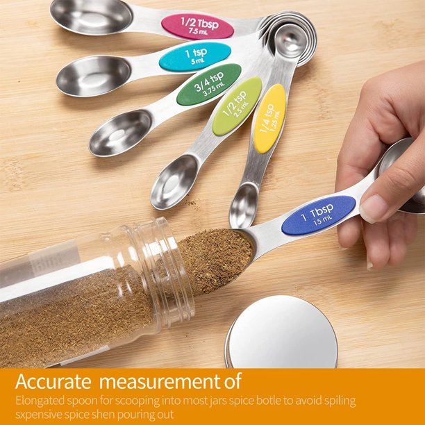 Magnetic Measuring Spoons Set, Dual Sided, Stainless Steel, Fits in Spice Jars (8 Pieces-Multicolor)