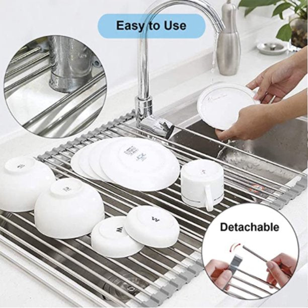 HKEEY Roll Up Dish Drying Rack, Over The Sink Dish Drying Rack Kitchen Rolling Dish Drainer, Foldable Sink Rack Mat Stainless Steel Wire Dish Drying Rack for Kitchen Sink Counter (17.8''x13'')