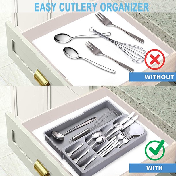 HKEEY Silverware Cutlery Storage Tray, Expandabl Silverware Organizer Storage Tray, Kitchen Drawer Dinnerware Organize Tray for Kitchen Silverware, Flatware, Knives, Spoons