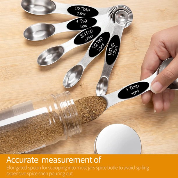 Musment Magnetic Measuring Spoons Set, Dual Sided, Stainless Steel, Fits in Spice Jars (8Pcs-Black)