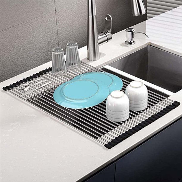 HKEEY Roll Up Dish Drying Rack, Over The Sink Dish Drying Rack Kitchen Rolling Dish Drainer, Foldable Sink Rack Mat Stainless Steel Wire Dish Drying Rack for Kitchen Sink Counter (17.8''x13'')
