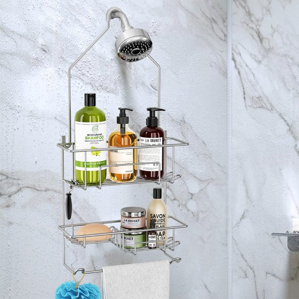 Shower Caddy Over Shower Head, Hanging Rustproof Organizer with Hooks and  Soap Basket, Silver