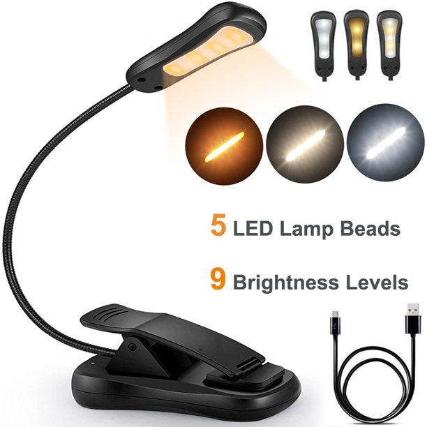Book Light, Rechargeable Reading Light 5 LED Easy Clip on Reading Lamp, 3 Color Temperature, Portable Task Lamp (Black)