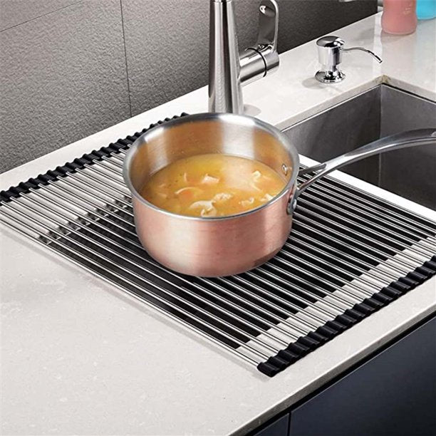 HKEEY Roll Up Dish Drying Rack, Over The Sink Dish Drying Rack Kitchen Rolling Dish Drainer, Foldable Sink Rack Mat Stainless Steel Wire Dish Drying Rack for Kitchen Sink Counter (17.8''x13'')