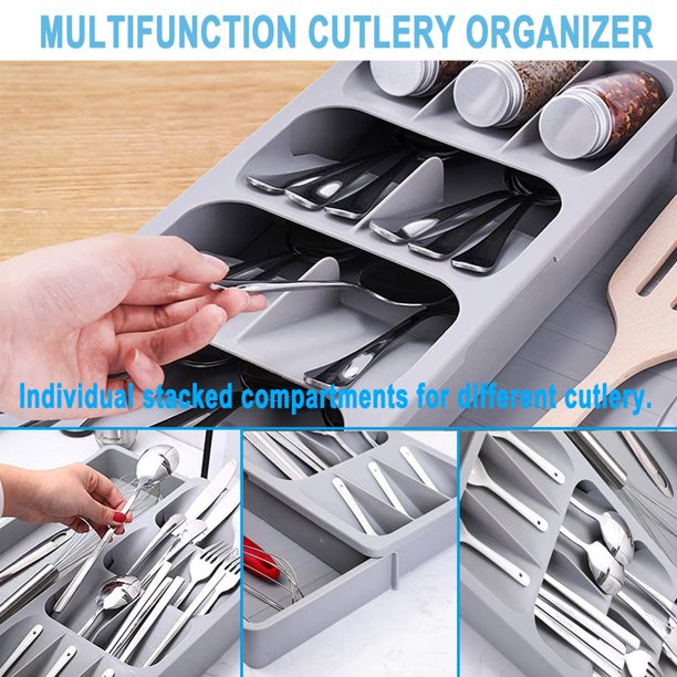 HKEEY Silverware Cutlery Storage Tray, Expandabl Silverware Organizer Storage Tray, Kitchen Drawer Dinnerware Organize Tray for Kitchen Silverware, Flatware, Knives, Spoons