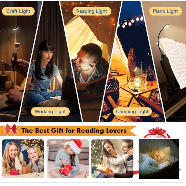 Book Light, Rechargeable Reading Light 5 LED Easy Clip on Reading Lamp, 3 Color Temperature, Portable Task Lamp (Black)