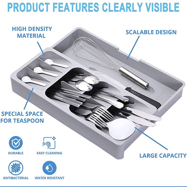 HKEEY Silverware Cutlery Storage Tray, Expandabl Silverware Organizer Storage Tray, Kitchen Drawer Dinnerware Organize Tray for Kitchen Silverware, Flatware, Knives, Spoons