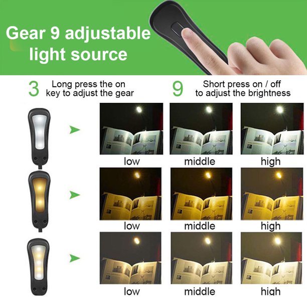 Book Light, Rechargeable Reading Light 5 LED Easy Clip on Reading Lamp, 3 Color Temperature, Portable Task Lamp (Black)