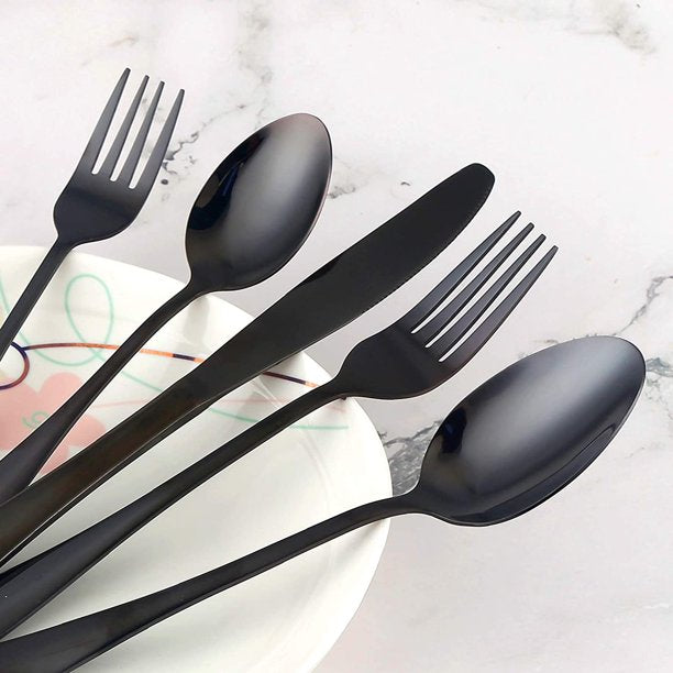 HKEEY Silverware Set,[5 Pcs]Black Flatware Sets,Stainless Steel Eating Utensils Cutlery Includes Knives/Spoons/Forks,Tableware for Home Restaurant Party,Shiny Mirror Polished,Dishwasher Safe
