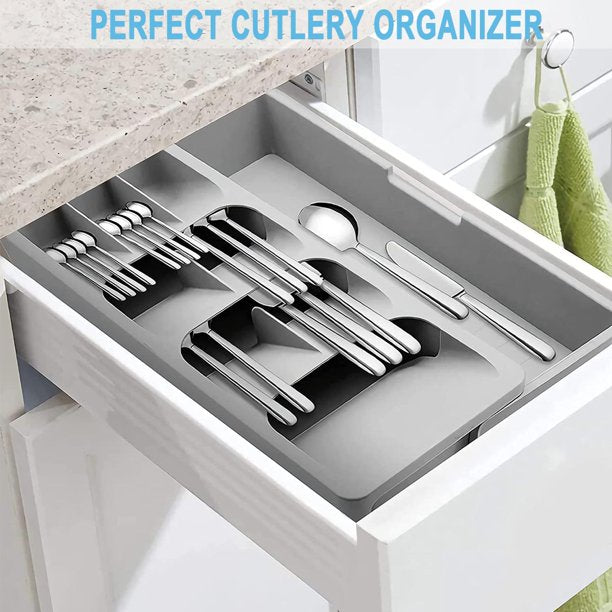 HKEEY Silverware Cutlery Storage Tray, Expandabl Silverware Organizer Storage Tray, Kitchen Drawer Dinnerware Organize Tray for Kitchen Silverware, Flatware, Knives, Spoons