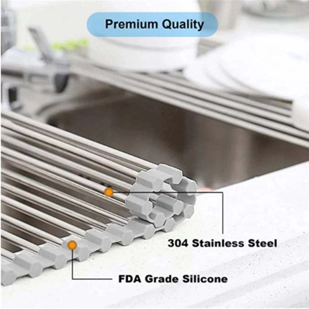 HKEEY Roll Up Dish Drying Rack, Over The Sink Dish Drying Rack Kitchen Rolling Dish Drainer, Foldable Sink Rack Mat Stainless Steel Wire Dish Drying Rack for Kitchen Sink Counter (17.8''x13'')