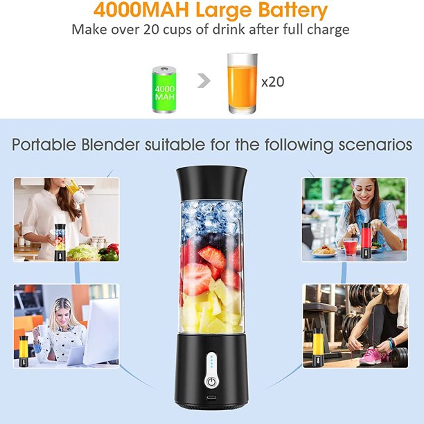 HKEEY Blender，Portable Blender for Shakes and Smoothies 17 Oz Personal Size Blender,Type-C 4000mAh Rechargeable Blender with 500ml Bottle,IPX7 Waterproof Blender (Black)