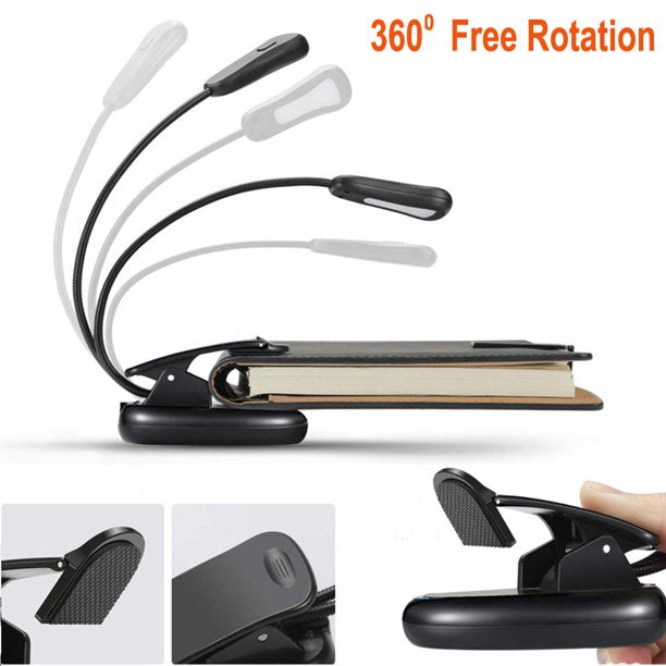 Book Light, Rechargeable Reading Light 5 LED Easy Clip on Reading Lamp, 3 Color Temperature, Portable Task Lamp (Black)
