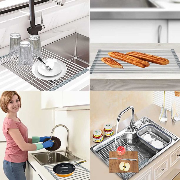 HKEEY Roll Up Dish Drying Rack, Over The Sink Dish Drying Rack Kitchen Rolling Dish Drainer, Foldable Sink Rack Mat Stainless Steel Wire Dish Drying Rack for Kitchen Sink Counter (17.8''x13'')