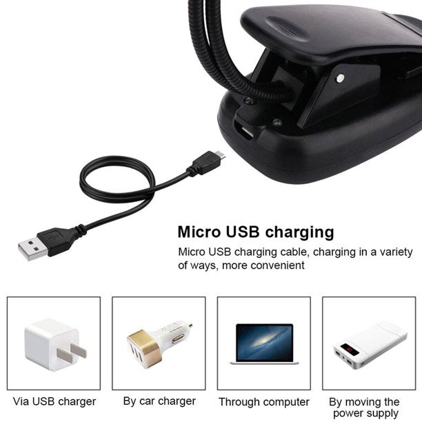 Book Light, Rechargeable Reading Light 5 LED Easy Clip on Reading Lamp, 3 Color Temperature, Portable Task Lamp (Black)