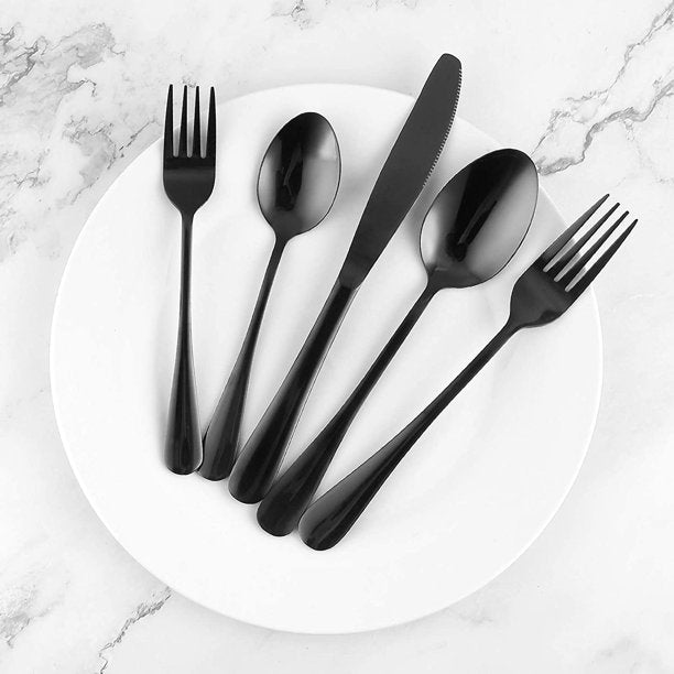 HKEEY Silverware Set,[5 Pcs]Black Flatware Sets,Stainless Steel Eating Utensils Cutlery Includes Knives/Spoons/Forks,Tableware for Home Restaurant Party,Shiny Mirror Polished,Dishwasher Safe