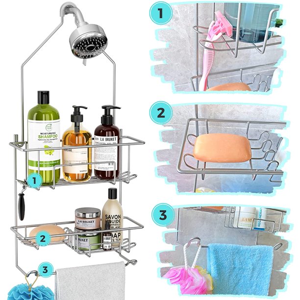 HKEEY Shower Caddy over Shower Head, Hanging Shower Organizer Rack, Bathroom Caddy for Shower, Rustproof Holder Shelf, Silver