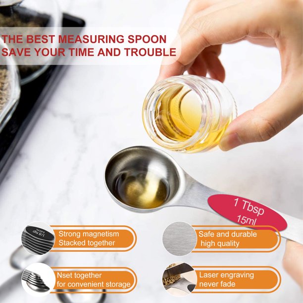 Magnetic Measuring Spoons Set, Dual Sided, Stainless Steel, Fits in Spice Jars (8 Pieces-Multicolor)