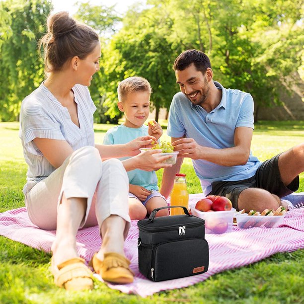 HKEEY Insulated Dual Compartment Lunch Bag for Men, Women Double Deck Reusable Lunch Box Cooler with Shoulder Strap, Leakproof Thermal