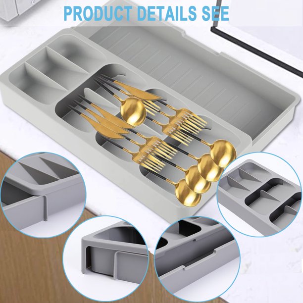 HKEEY Silverware Cutlery Storage Tray, Expandabl Silverware Organizer Storage Tray, Kitchen Drawer Dinnerware Organize Tray for Kitchen Silverware, Flatware, Knives, Spoons
